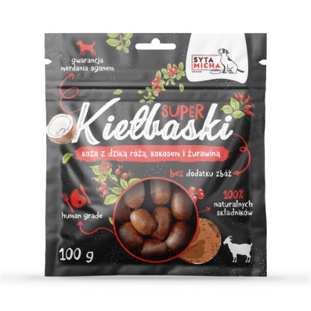 SYTA MICHA Super kiełbaski z kozą, dziką różą i kokosem 100 g.jpg