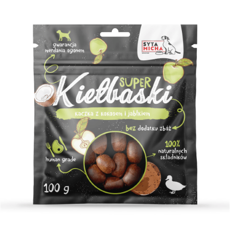 SYTA MICHA Super kiełbaski z kaczką, kokosem i jabłkiem 100 g.jpg