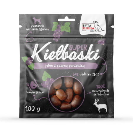 SYTA MICHA Super kiełbaski z jeleniem i czarną porzeczką 100 g.jpg