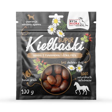 SYTA MICHA Super kiełbaski z koniną, rumiankiem i dziką różą 100 g.png