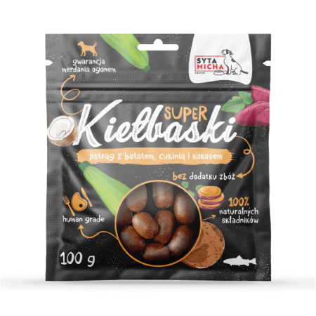 SYTA MICHA Super kiełbaski z pstrągiem, batatem, cukinią i kokosem 100 g.jpg