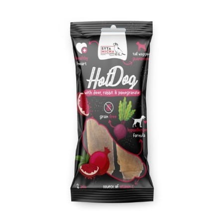 SYTA MICHA HOT DOG do żucia dla psa – królik z granatem w skórze jelenia 2 szt..jpg