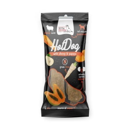 SYTA MICHA HOT DOG do żucia dla psa warzywny z papają w skórze owcy 2 szt..jpg